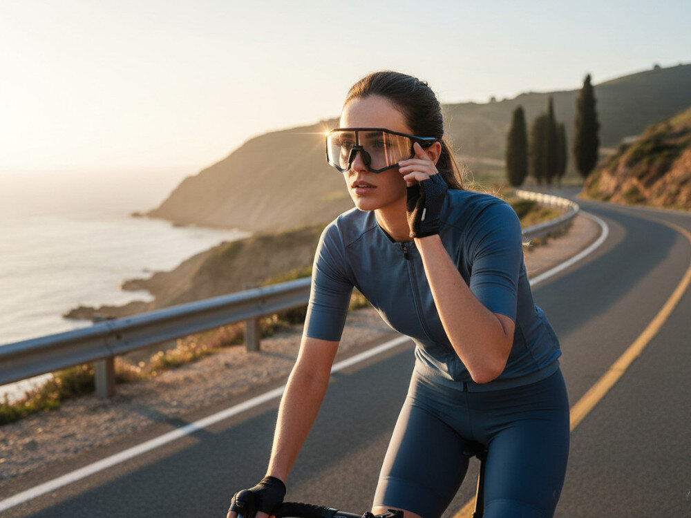Okulary rowerowe ROCKBROS 10181 Czarny, Oczy, ochrona, jazda, sport, Kolarz jadący na rowerze szosowym o zachodzie słońca.
