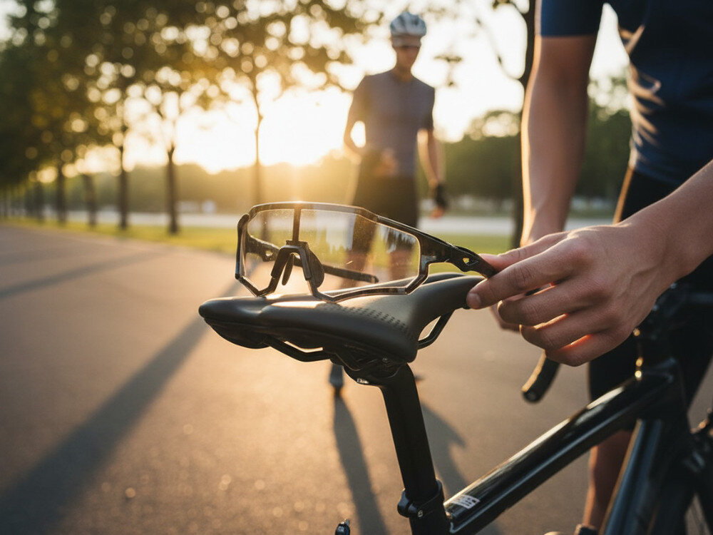 Okulary rowerowe ROCKBROS 10181 Czarny, UV400, ochrona, promieniowanie, oczy, Okulary sportowe położone na siodełku rowerowym.