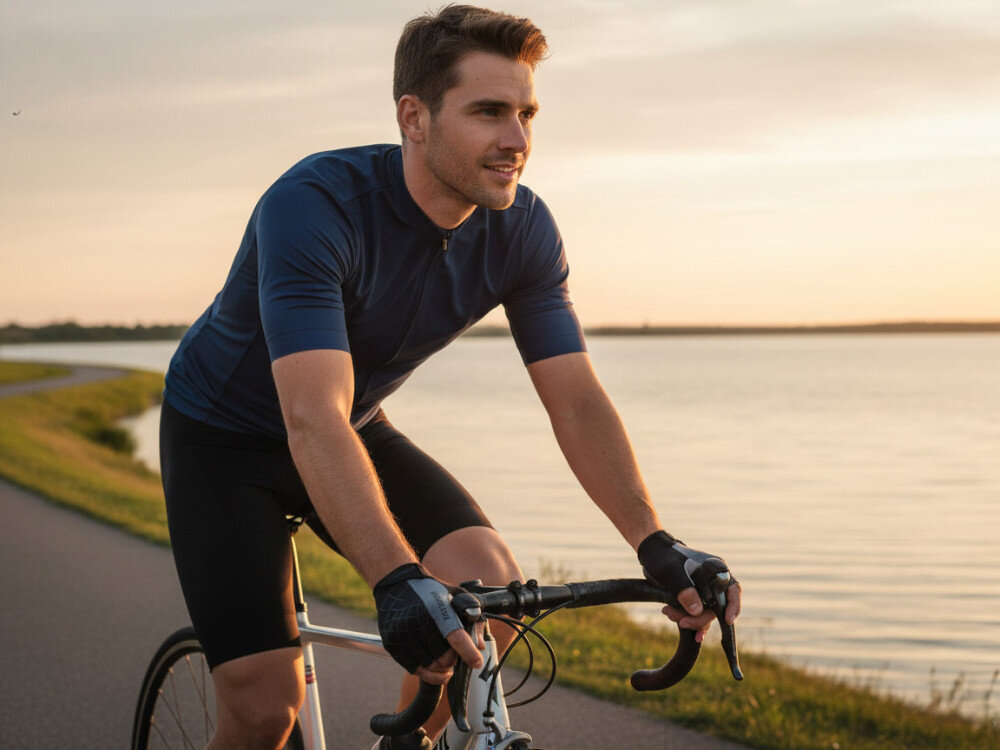 Rękawiczki rowerowe ROCKBROS S109GR-M (rozmiar M), Rękawiczki, rower, chwyt, komfort, Rowerzysta podczas jazdy brzegiem jeziora o zachodzie.
