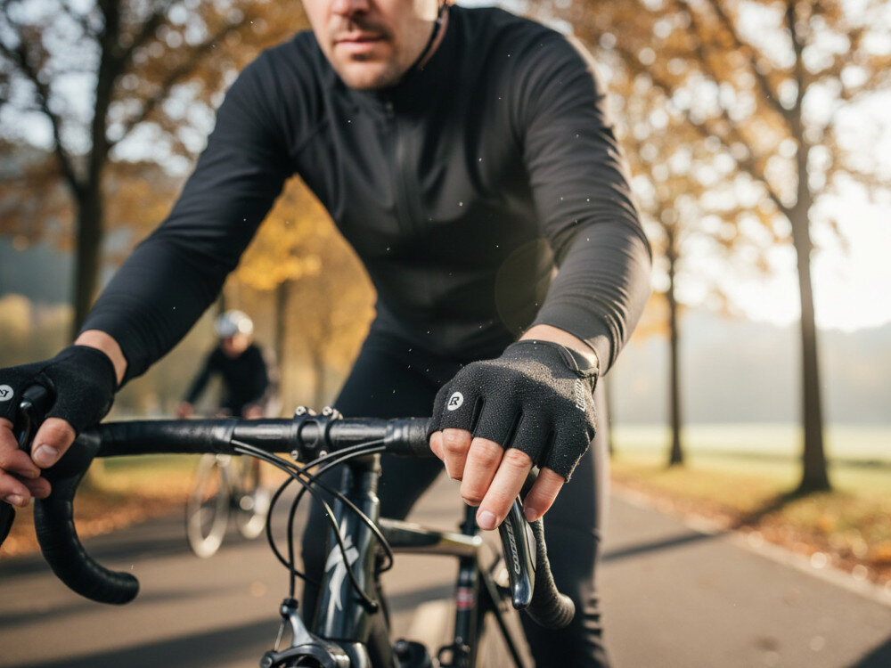 Rękawiczki rowerowe ROCKBROS S106BK (rozmiar M), Styl, komfort, jazda, rower, Rowerzysta na trasie w czarnych rękawiczkach.
