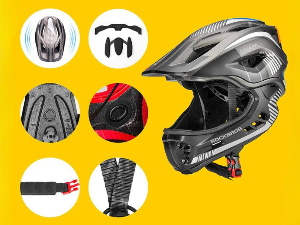 Kask rowerowy ROCKBROS TT-32SBTG-S Szary dla Dzieci (rozmiar S), rozmiar, ochrona, wentylacja, komfort, Zestaw zdjęć szarego kasku z różnych perspektyw oraz zbliżenia na mechanizm regulacji i zapięcia.