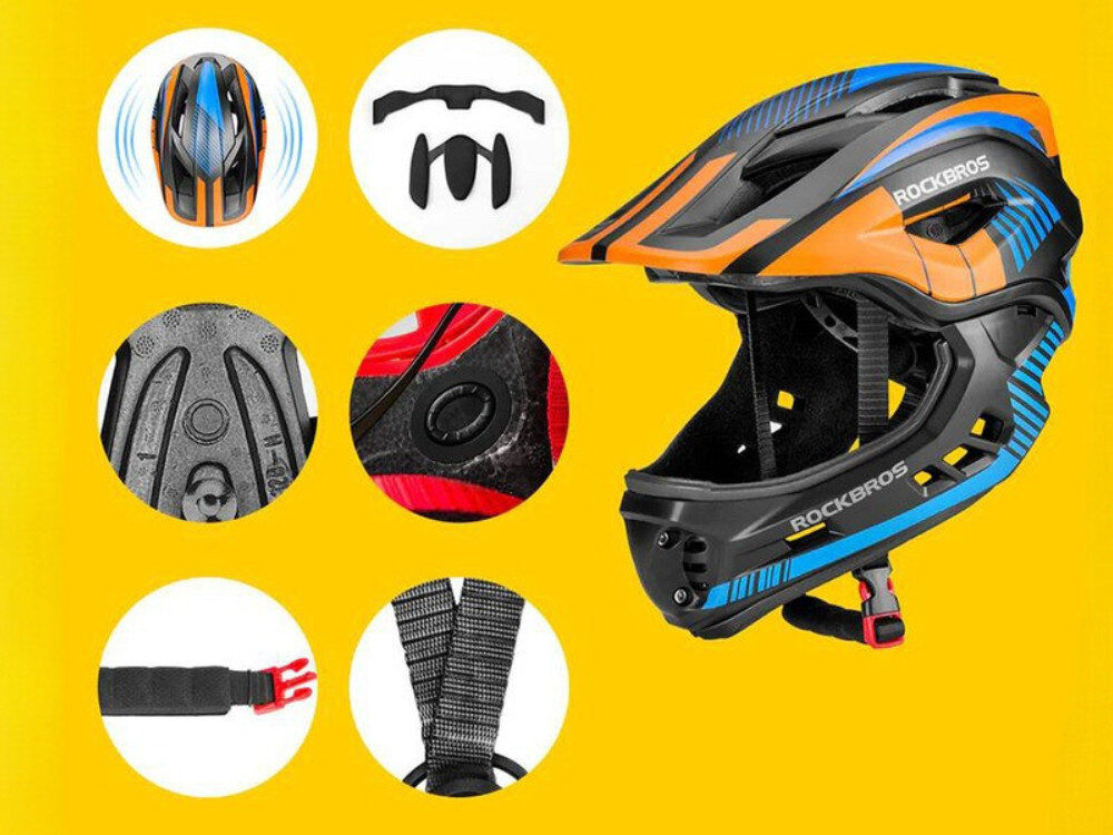 Kask rowerowy ROCKBROS TT-32SOBL-M Czarno-pomarańczowy dla Dzieci (rozmiar M), rozmiar, ochrona, wentylacja, komfort, Zestawienie detali konstrukcyjnych kasku rowerowego.