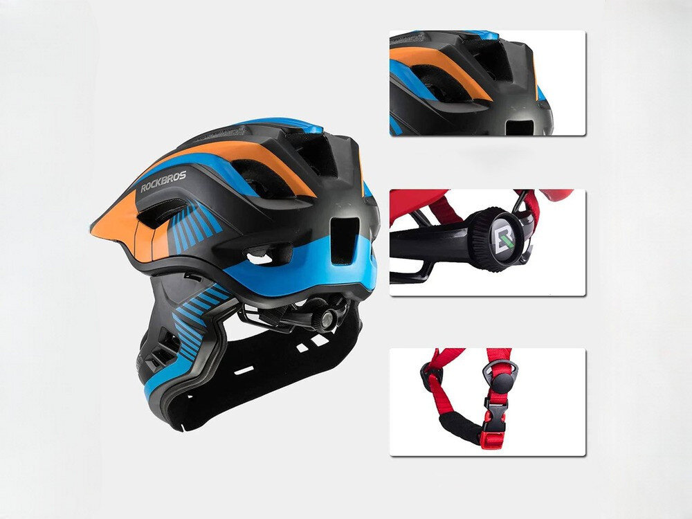 Kask rowerowy ROCKBROS TT-32SOBL-M Czarno-pomarańczowy dla Dzieci (rozmiar M), regulacja, dopasowanie, stabilność, paski, Widok tyłu kasku oraz zbliżenia na regulację i klamrę.