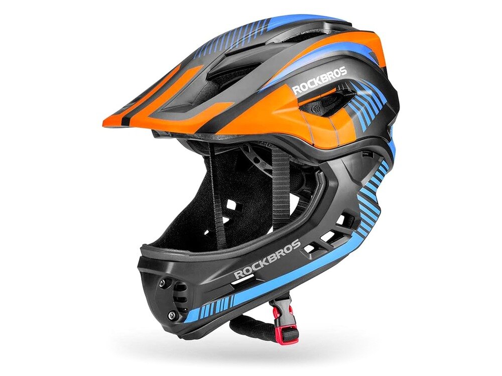 Kask rowerowy ROCKBROS TT-32SOBL-S Czarno-pomarańczowy dla Dzieci (rozmiar S), poliwęglan, eps, ochrona, wytrzymałość, Widok z boku na kask dziecięcy z zamontowaną osłoną szczęki.