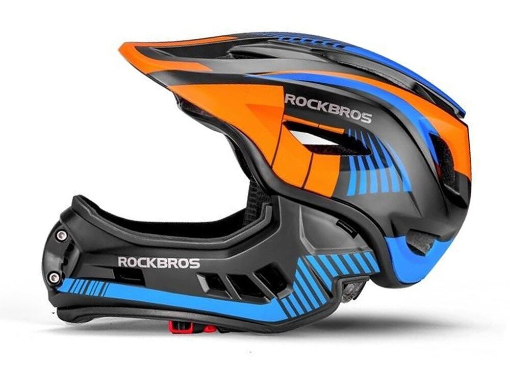 Kask rowerowy ROCKBROS TT-32SOBL-S Czarno-pomarańczowy dla Dzieci (rozmiar S), szczęka, odpinana, fullface, funkcjonalność, na białym tle kask lewy profil