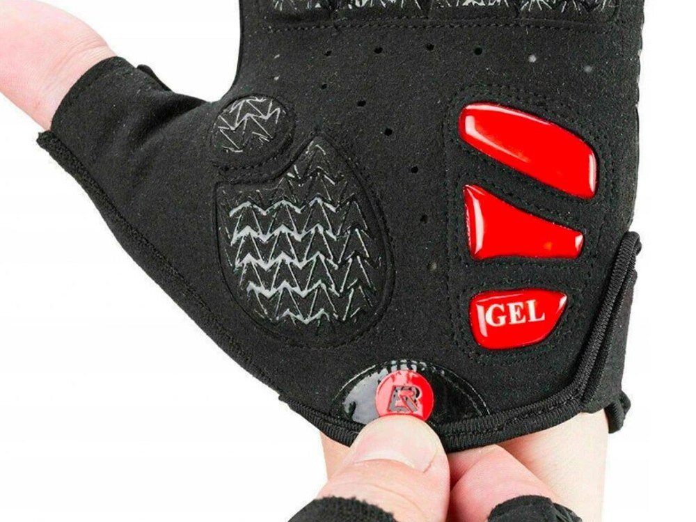 Rękawiczki rowerowe ROCKBROS S169BR-XL (rozmiar XL), Rzep, dopasowanie, rozmiar, wygoda, Spód rękawiczki z czerwonymi wkładkami żelowymi.