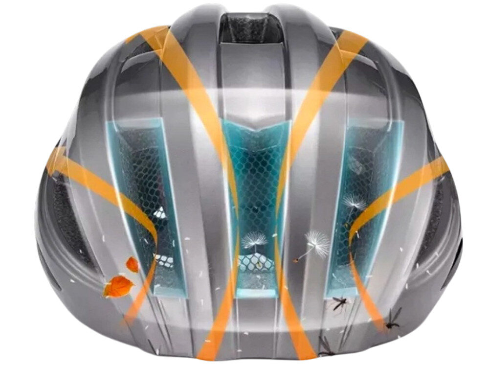Kask rowerowy w kolorze szarym z pomarańczowymi liniami i wzorem dmuchawców. Widoczne są otwory wentylacyjne z siatką w kolorze niebieskim.