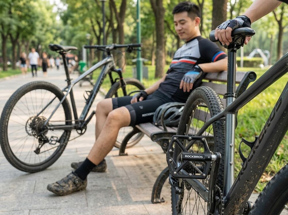Pedały rowerowe ROCKBROS K203-BK Platformowe Czarny, pedały, czarne, aluminium, stal, Rowerzysta odpoczywający na ławce obok roweru.