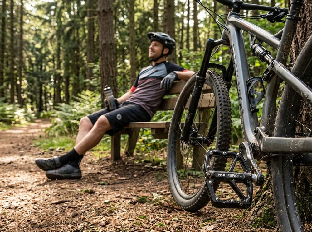Pedały rowerowe ROCKBROS K203-BK Platformowe Czarny, piny, platforma, góra, tło, Odpoczynek rowerzysty w lesie przy rowerze.