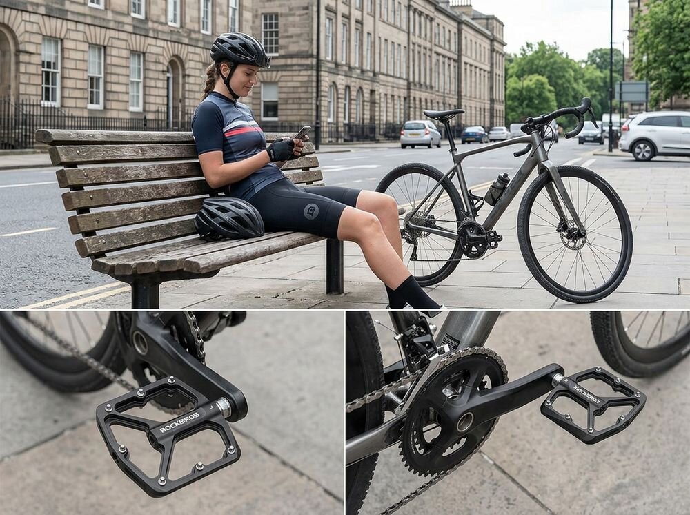 Pedały rowerowe ROCKBROS K203-BK Platformowe Czarny, para, pedały, zestaw, opakowanie, Rowerzystka na ławce i zbliżenia na pedały.