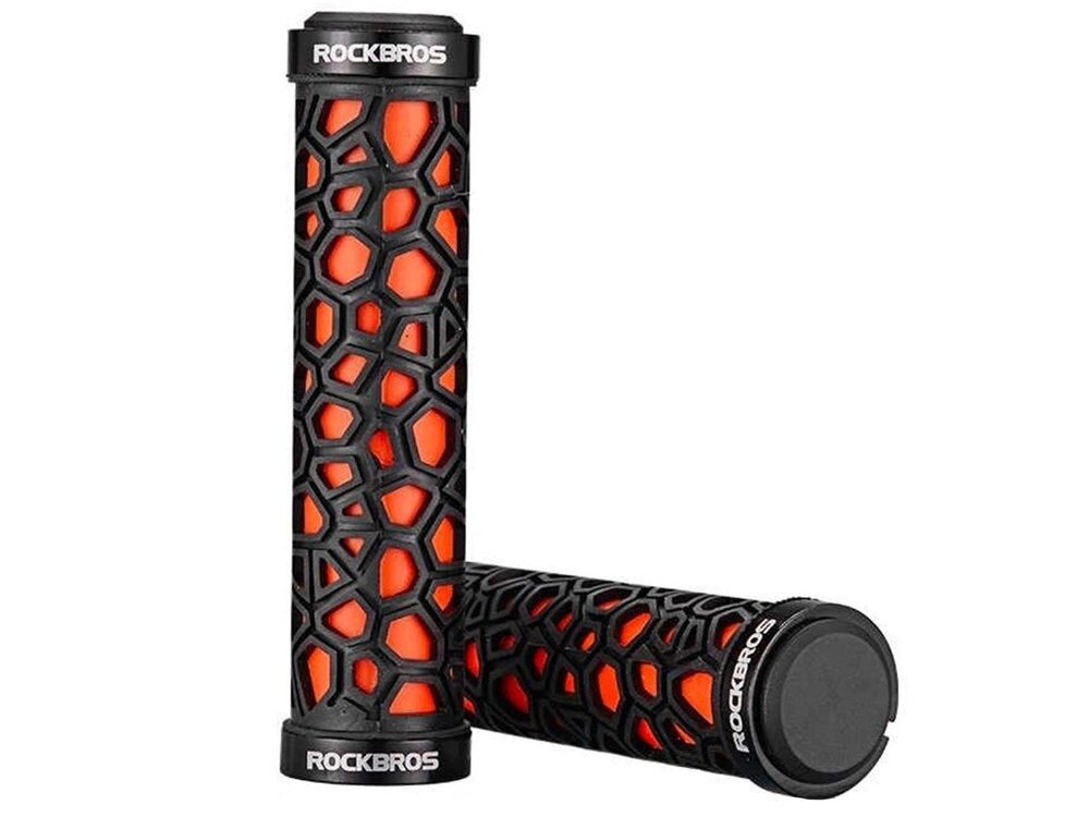 Chwyty do kierownicy ROCKBROS 2017-14AOR Czarno-pomarańczowy, 22 mm, standard, uniwersalność, dopasowanie, Para Czarno-pomarańczowych chwytów o geometrycznej strukturze.
