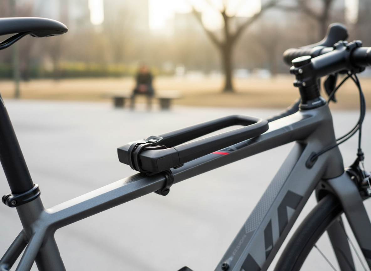Zapięcie rowerowe ROCKBROS RKS626-BK U-lock Czarny, U-lock, rower, bezpieczeństwo, ochrona, Rower w parku z czarnym zapięciem na ramie.