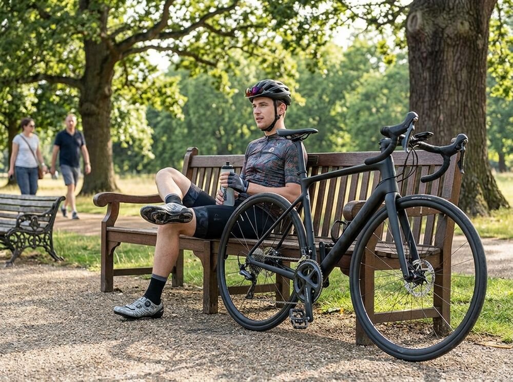 Pedały rowerowe ROCKBROS PD15-BK, rower, pedał, jazda, wygoda, Rowerzysta odpoczywający na ławce w parku.