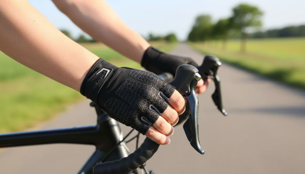 Rękawiczki rowerowe ROCKBROS S169BGR-XXL (rozmiar XXL), Rękawiczki, rower, komfort, kontrola, Dłonie w rękawiczkach na kierownicy roweru szosowego.