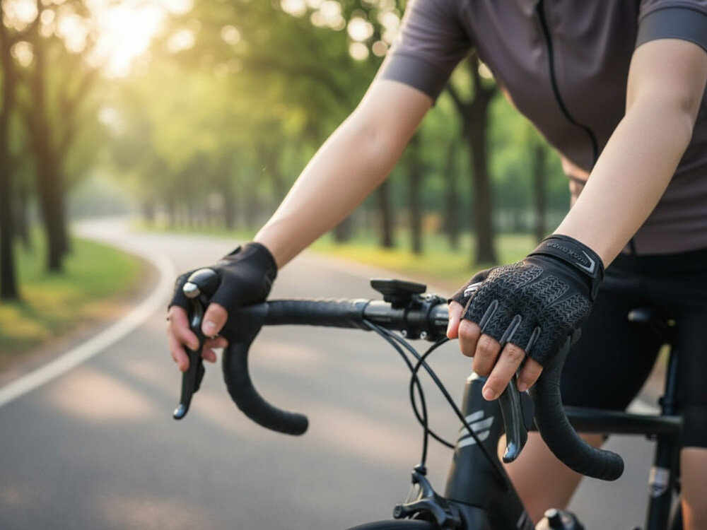 Rękawiczki rowerowe ROCKBROS S169BGR (rozmiar XL), Rękawiczki, rower, komfort, jazda, Dłonie rowerzysty na kierownicy podczas jazdy trasą.