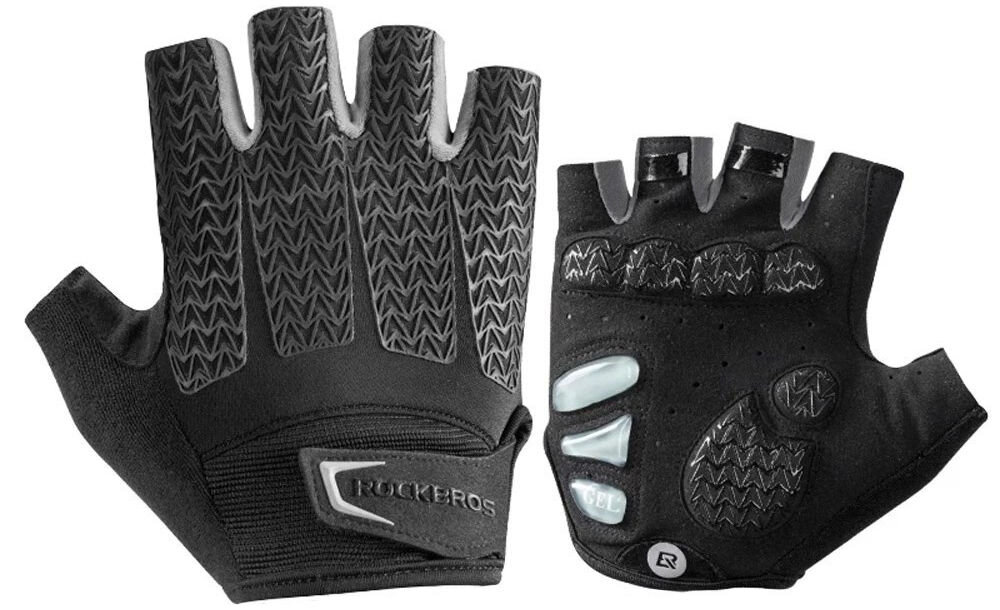 Rękawiczki rowerowe ROCKBROS S169BGR (rozmiar XL), Żel, amortyzacja, chwyt, stabilność, Wierzch i spód czarnych rękawiczek bez palców.