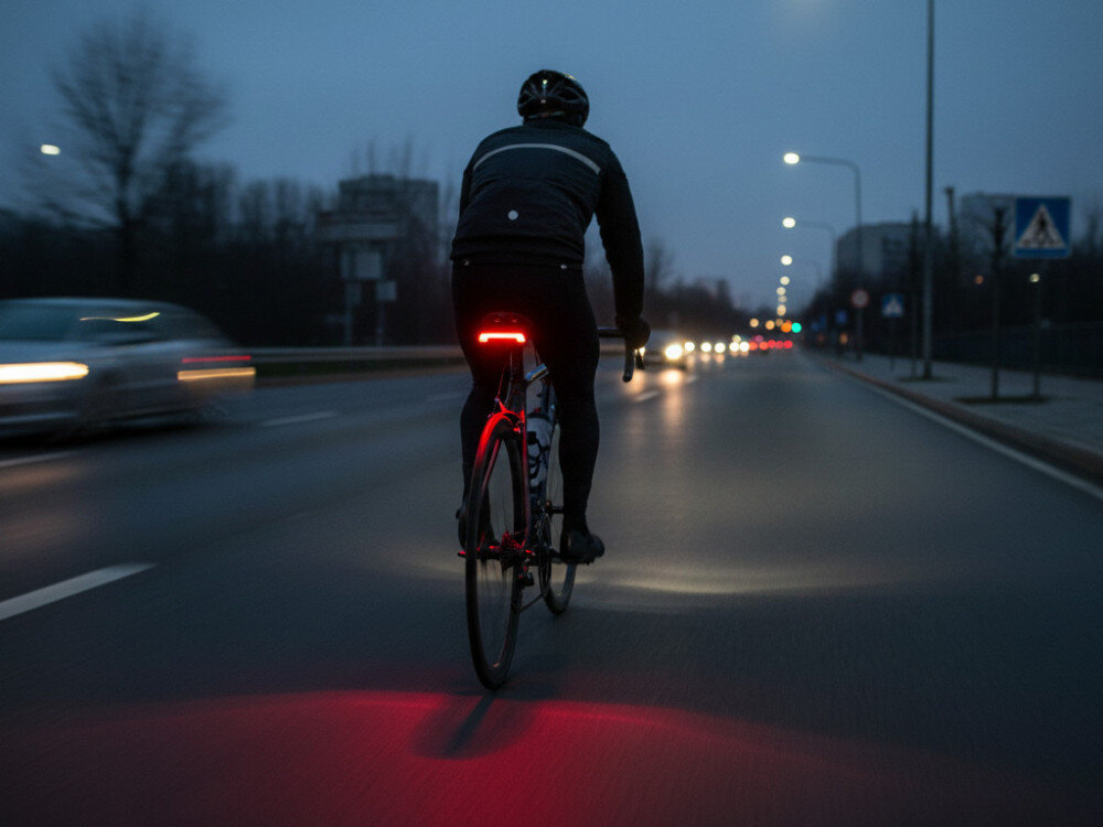 Lampka rowerowa ROCKBROS A54BK, Lampka, rower, bezpieczeństwo, oświetlenie, Rowerzysta jadący nocą z czerwonym światłem tylnym.