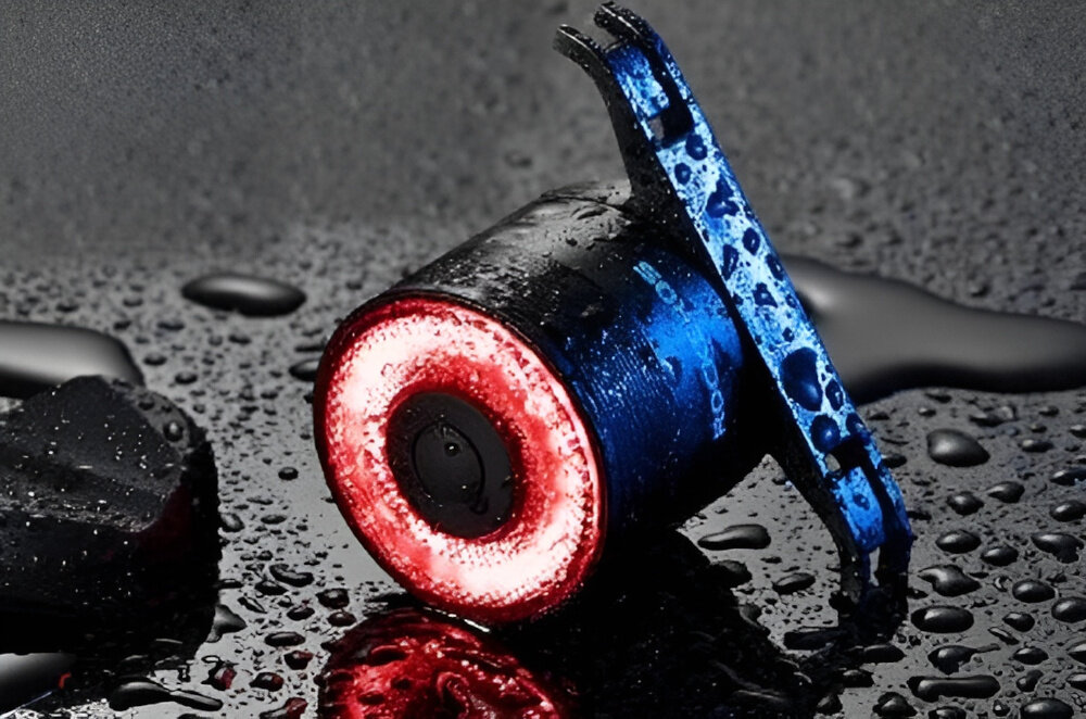 Lampka rowerowa ROCKBROS Q3 droga lampka leży na drodze jest mokra krople wody bezpieczeństwo wygoda widoczność