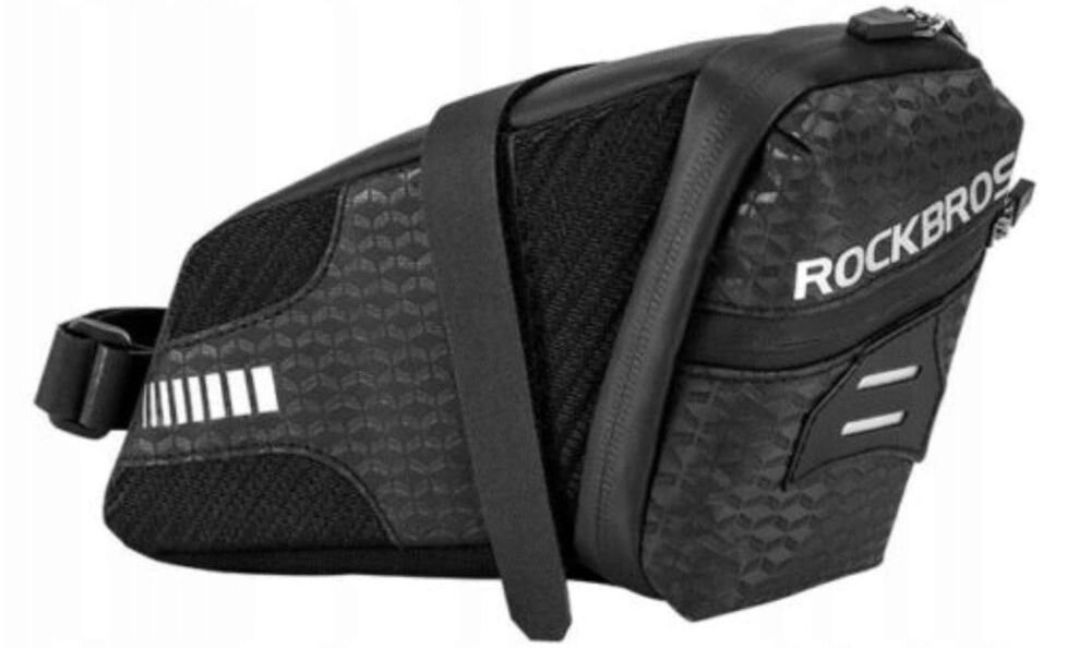 Czarna torba rowerowa podsiodłowa z napisem \'ROCKBROS\' i wzorem geometrycznym. Posiada zamek błyskawiczny i odblaskowe elementy.