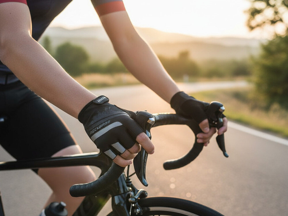 Rękawiczki rowerowe ROCKBROS S247 (rozmiar XL), Komfort, jazda, rower, szlak, Dłonie w rękawiczkach na kierownicy roweru