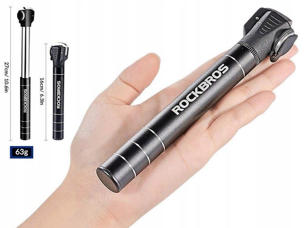 Na zdjęciu widoczna jest ręczna pompka rowerowa z napisem ROCKBROS, trzymana w dłoni. Obok znajdują się wymiary: 27 cm i 16 cm oraz waga 63 g.
