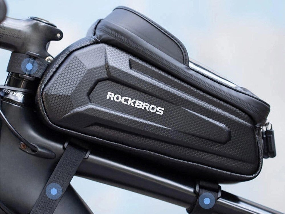 Torba rowerowa na ramę ROCKBROS B68, Montaż, rzepy, kabel, praktyczność, Montaż czarnej torby na ramie roweru za pomocą pasków.