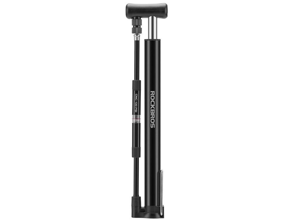 Czarna pompka rowerowa nożna z manometrem, z widocznym logo \'ROCKBROS\' na cylindrze. Obok znajduje się wężyk z napisem \'CNC 120 PSI\'.