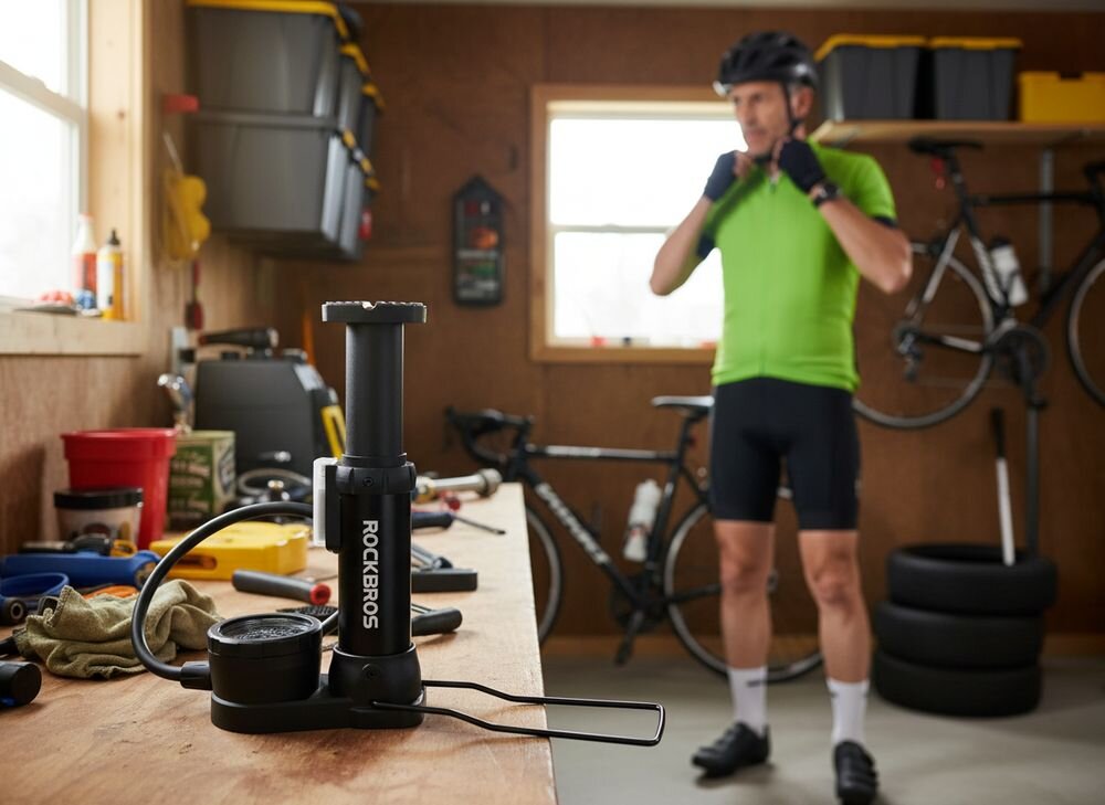 Na pierwszym planie znajduje się pompka rowerowa nożna z manometrem marki ROCKBROS, umieszczona na stole warsztatowym. W tle widać osobę w stroju rowerowym oraz rower oparty o ścianę.