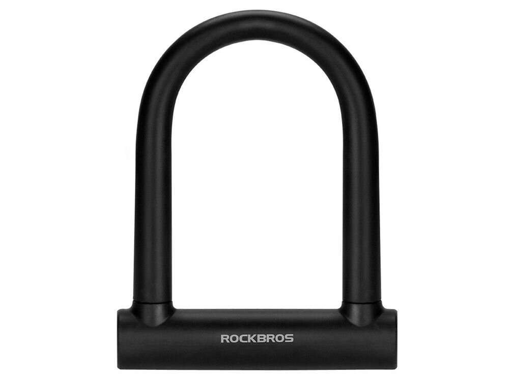 Zapięcie rowerowe ROCKBROS RKS610-BK U-lock Czarny, Pałąk, wytrzymałość, odporność, zabezpieczenie, Czarna stalowa blokada typu U na czystym tle.