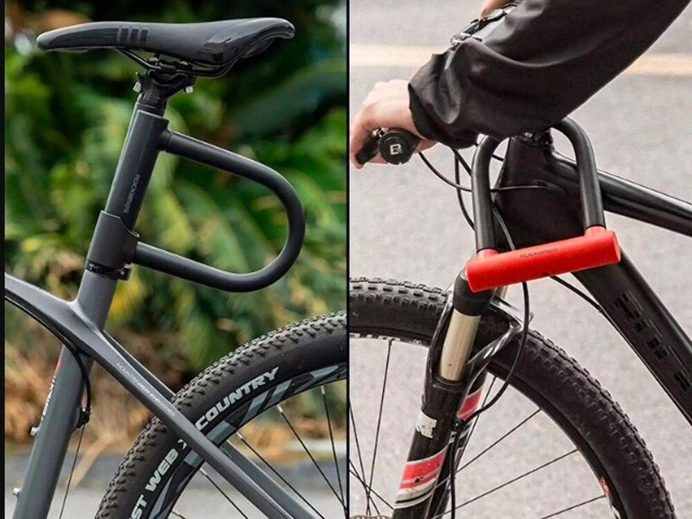 Zapięcie rowerowe ROCKBROS RKS610-BK U-lock Czarny, Ochrona, lakier, amortyzacja, wygoda, Dwa przykłady mocowania blokady na ramie roweru.