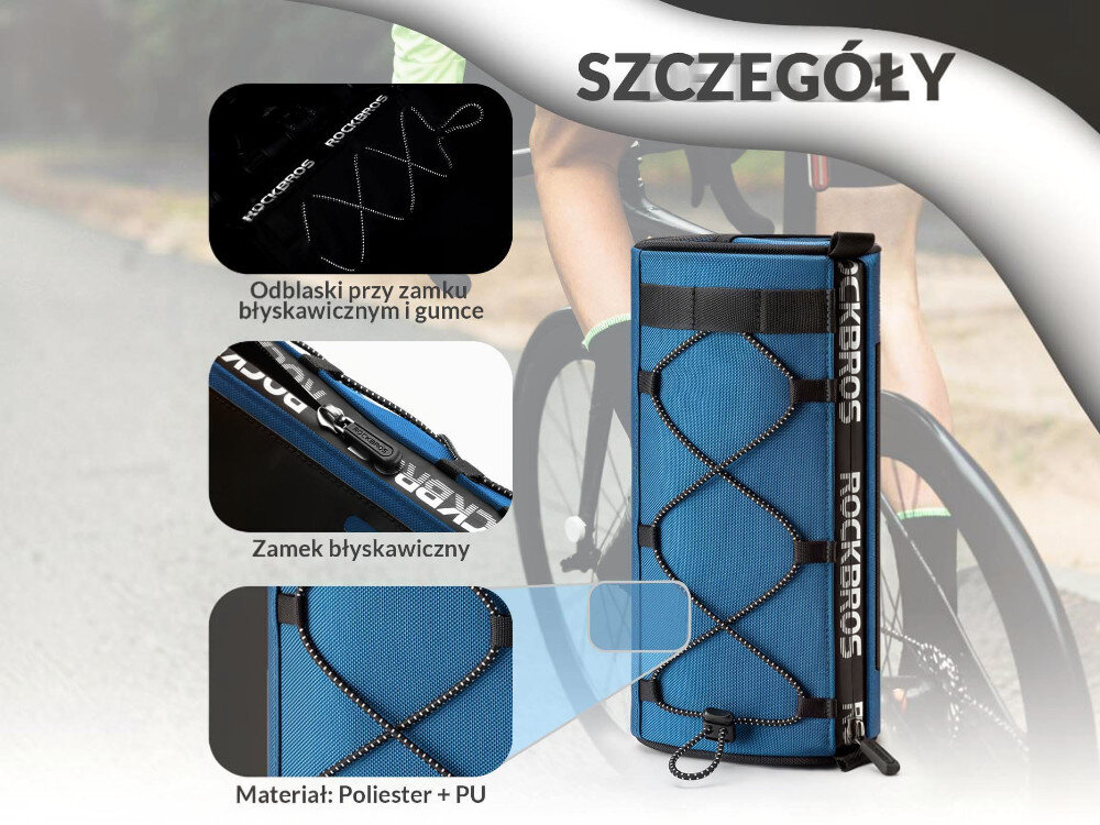 Obraz przedstawia niebieską torbę rowerową na kierownicę z odblaskami przy zamku błyskawicznym i gumce. Widoczny jest napis \'ROCKBROS\' oraz informacje: \'Zamek błyskawiczny\' i \'Materiał: Poliester + PU\'.
