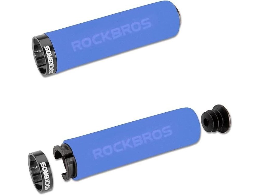 Na obrazie widoczne są dwa niebiesko-czarne chwyty do kierownicy z logo ROCKBROS. Jeden z chwytów jest rozłożony na części, w tym pierścień i zatyczka.