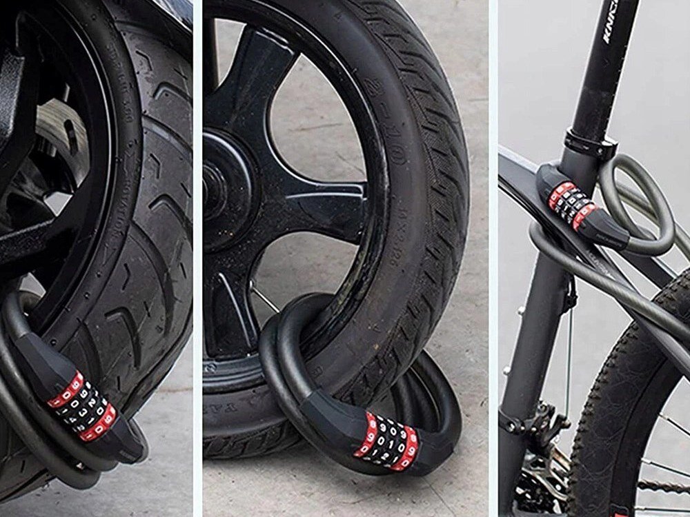 Zapięcie rowerowe ROCKBROS RKS507-1BK Linka Czarny, 180 cm, elastyczność, zastosowanie, funkcjonalność, Linka zapięta na kołach i ramie roweru.