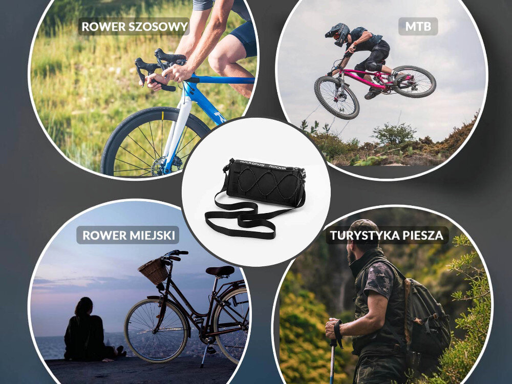 Obraz przedstawia cztery okrągłe zdjęcia z różnymi aktywnościami: rower szosowy, MTB, rower miejski i turystyka piesza. W centrum znajduje się czarna torba rowerowa na kierownicę.