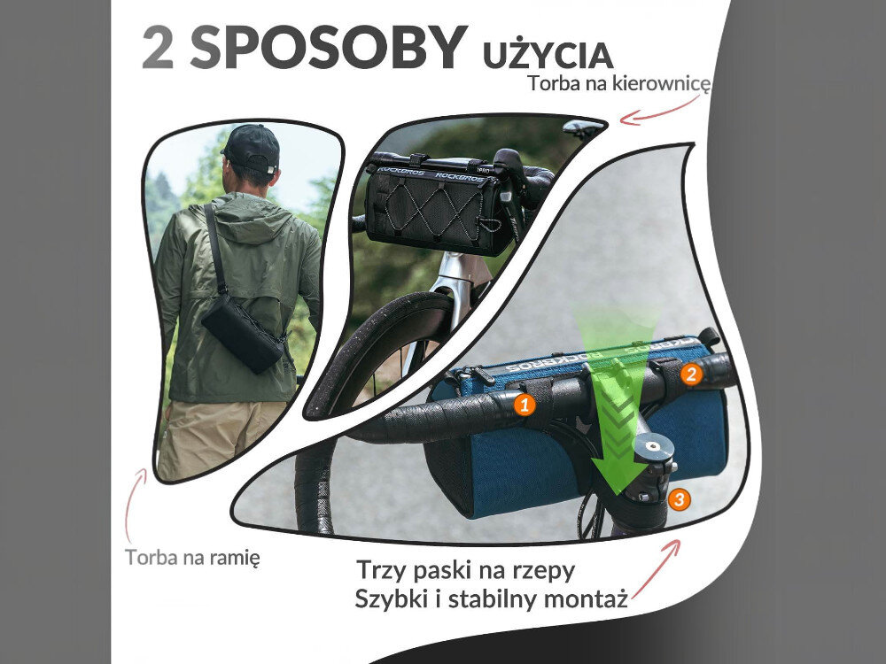 Obraz przedstawia dwa sposoby użycia torby rowerowej: na ramieniu oraz zamontowaną na kierownicy roweru. Widoczny jest tekst: \'2 SPOSOBY UŻYCIA Torba na kierownicę\', \'Torba na ramię\', \'Trzy paski na rzepy Szybki i stabilny montaż\'.