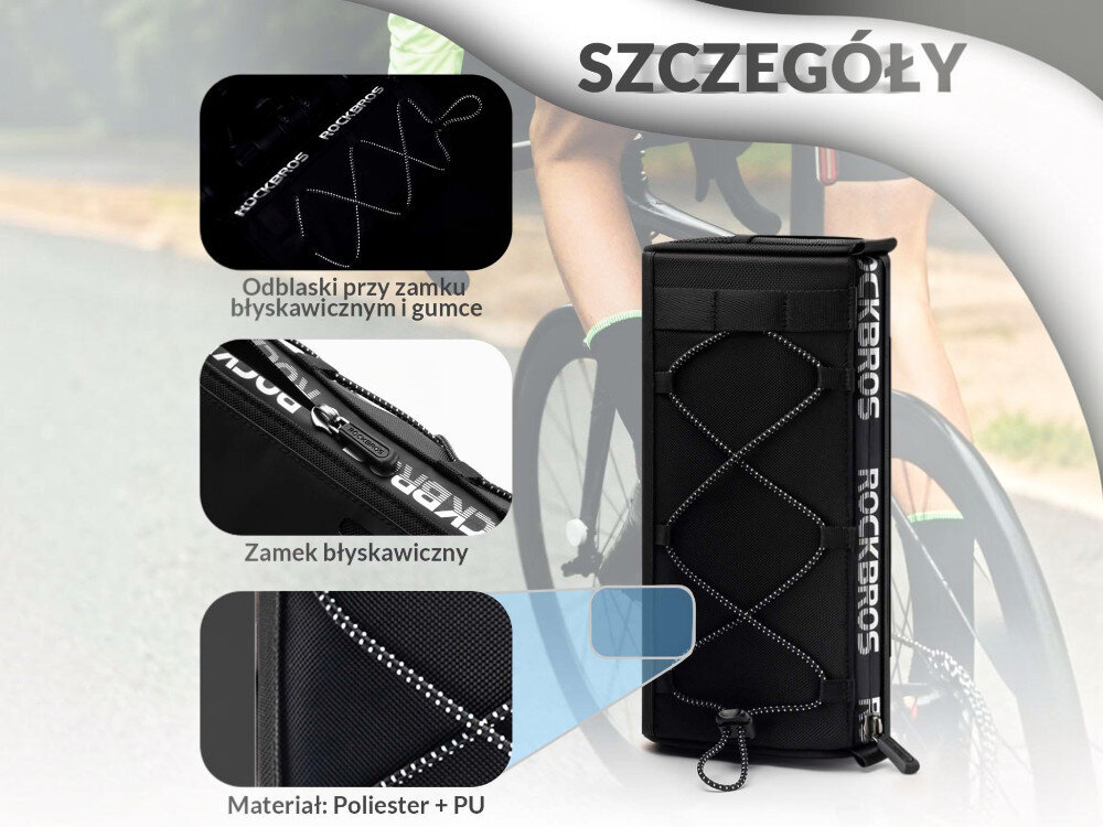 Obraz przedstawia czarną torbę rowerową na kierownicę z odblaskami przy zamku błyskawicznym i gumce, z logo ROCKBROS. Materiał torby to poliester + PU, a na zdjęciu widoczny jest także rowerzysta w tle.