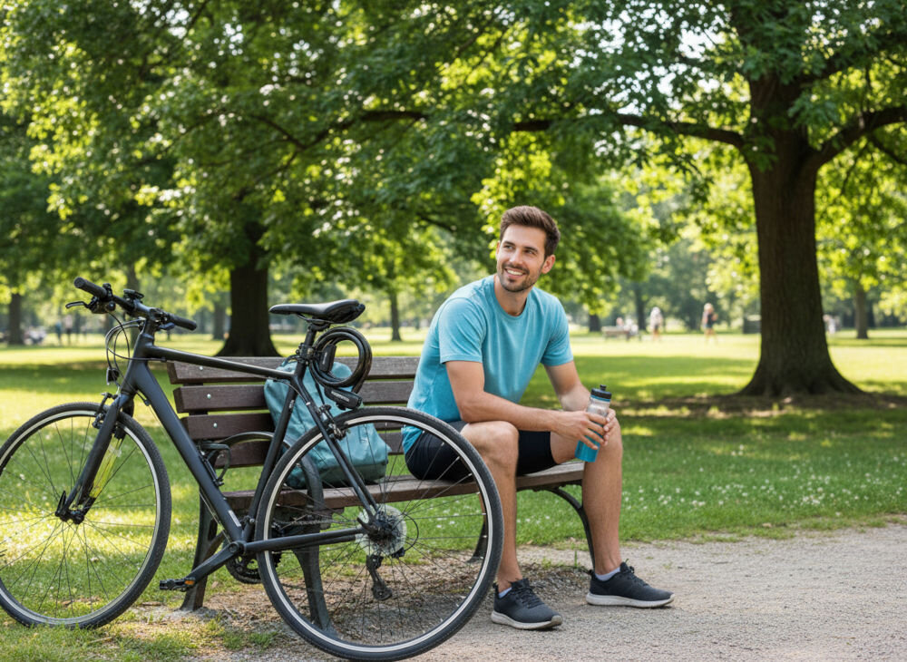 Zapięcie rowerowe ROCKBROS RKS515-BK Linka Czarny, Zapięcie, rower, bezpieczeństwo, linka, Rowerzysta odpoczywa na ławce obok swojego roweru.