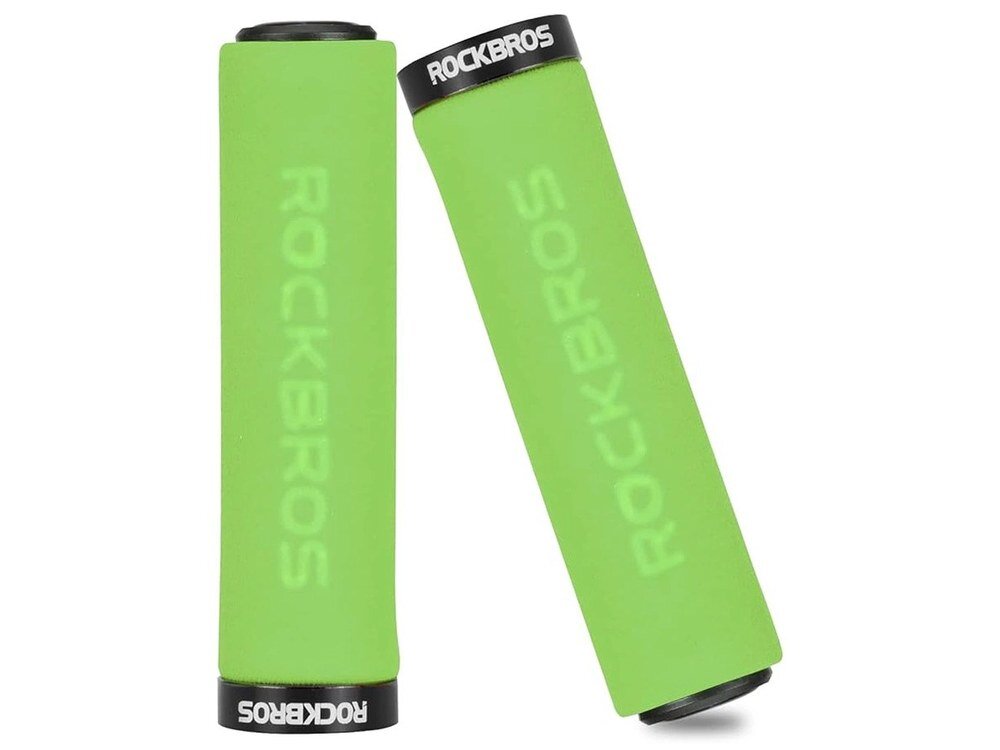 Dwa zielono-czarne chwyty do kierownicy z widocznym napisem \'ROCKBROS\' na powierzchni. Jeden chwyt jest ustawiony pionowo, a drugi pod kątem.