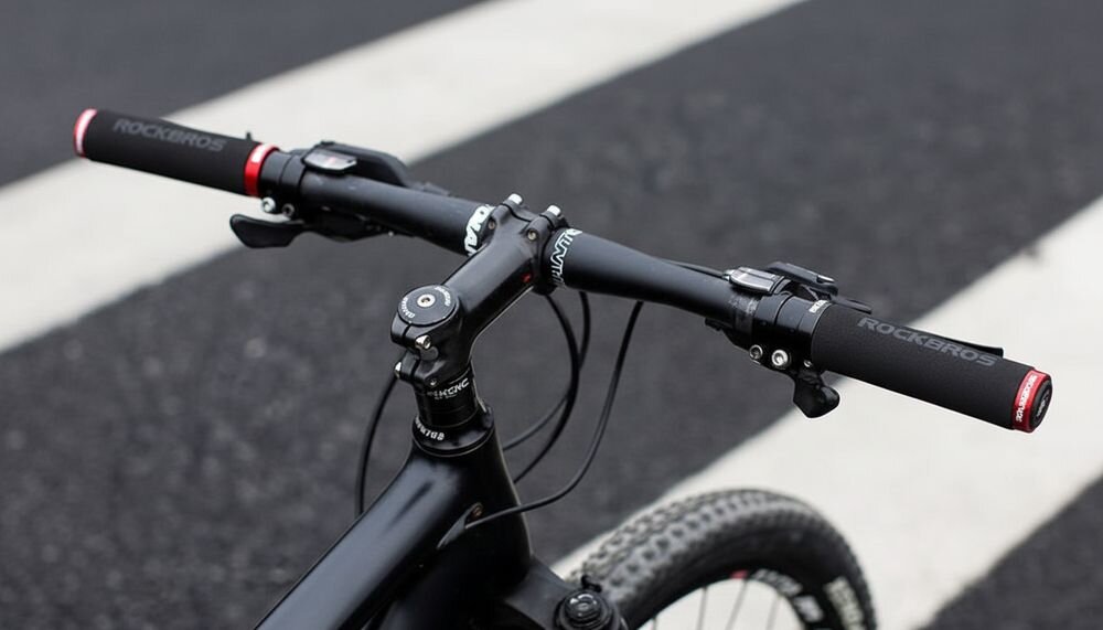 Czarno-czerwone chwyty do kierownicy rowerowej z widocznym logo \'ROCKBROS\'. Kierownica zamontowana na czarnym rowerze, w tle asfaltowa droga z białymi pasami.