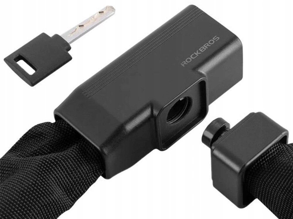 Zapięcie rowerowe ROCKBROS 32430708001 Łańcuch Czarny, Stal, wytrzymałość, odporność, ochrona, Zbliżenie na zamek łańcucha i metalowy kluczyk.