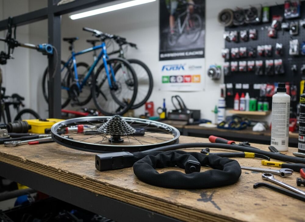 Zapięcie rowerowe ROCKBROS 32430708001 Łańcuch Czarny, Uniwersalność, rower, motocykl, praktyczność, Zapięcie na stole warsztatowym z narzędziami.