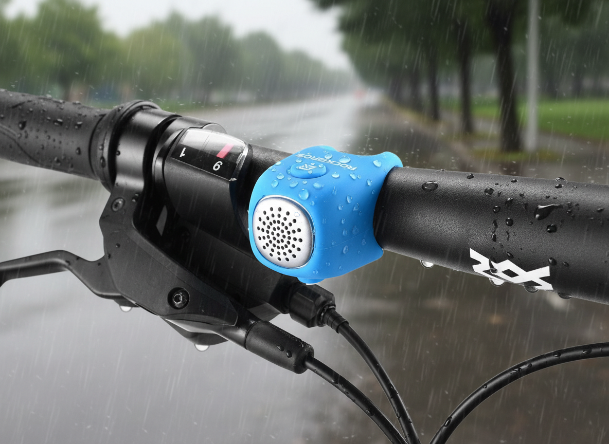 Dzwonek rowerowy ROCKBROS CB1709BU Niebieski, Odporność, pogoda, trwałość, materiał, Dzwonek na kierownicy roweru podczas opadów deszczu.