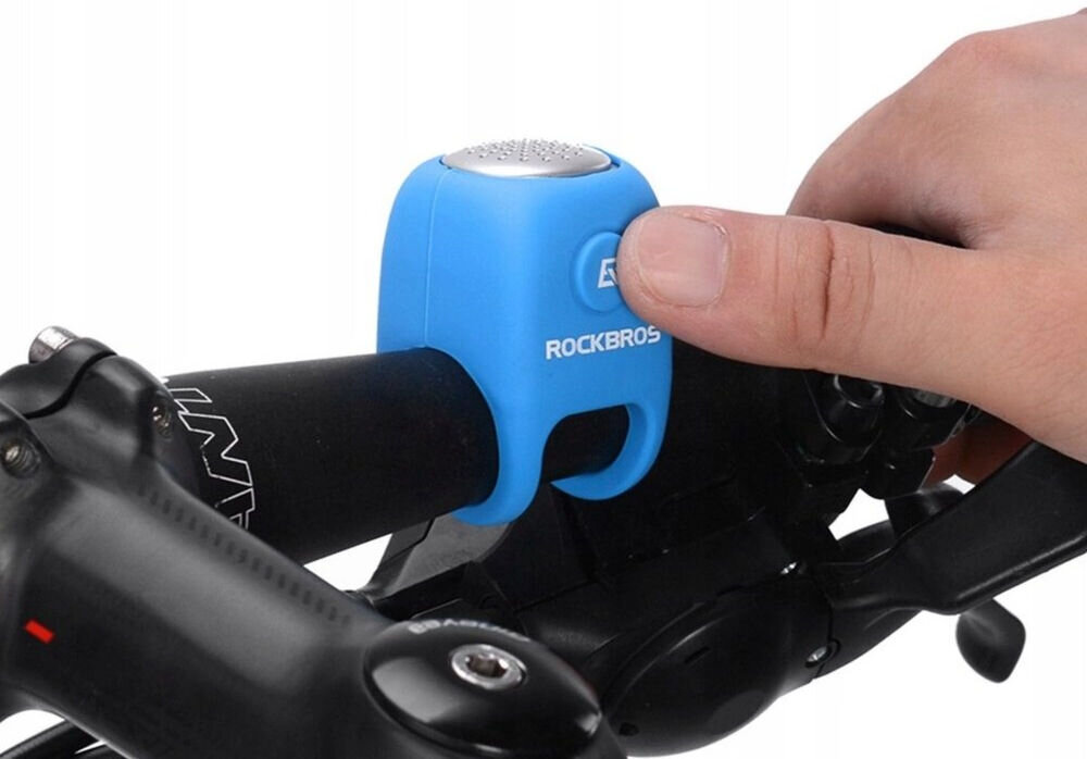 Dzwonek rowerowy ROCKBROS CB1709BU Niebieski, ergonomia, przycisk, obsługa, wygoda, Zbliżenie na dzwonek zamocowany obok manetki biegów.