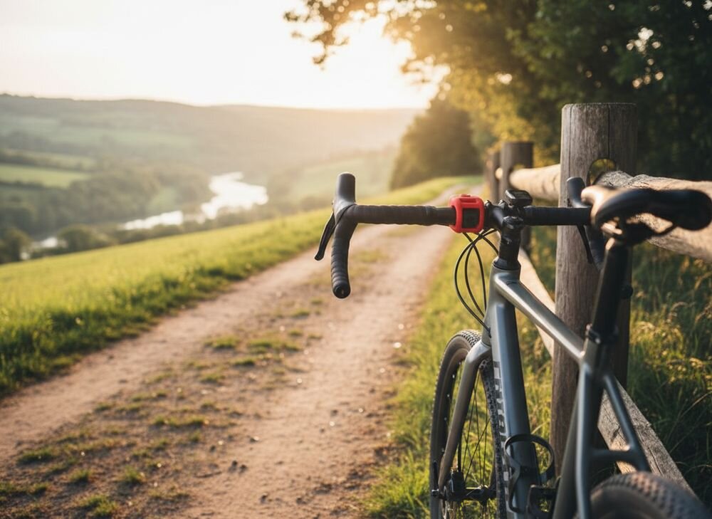 Dzwonek rowerowy ROCKBROS CB1709RD Czerwony, Dzwonek, rower, bezpieczeństwo, sygnał, Widok z perspektywy rowerzysty na ścieżkę w parku.