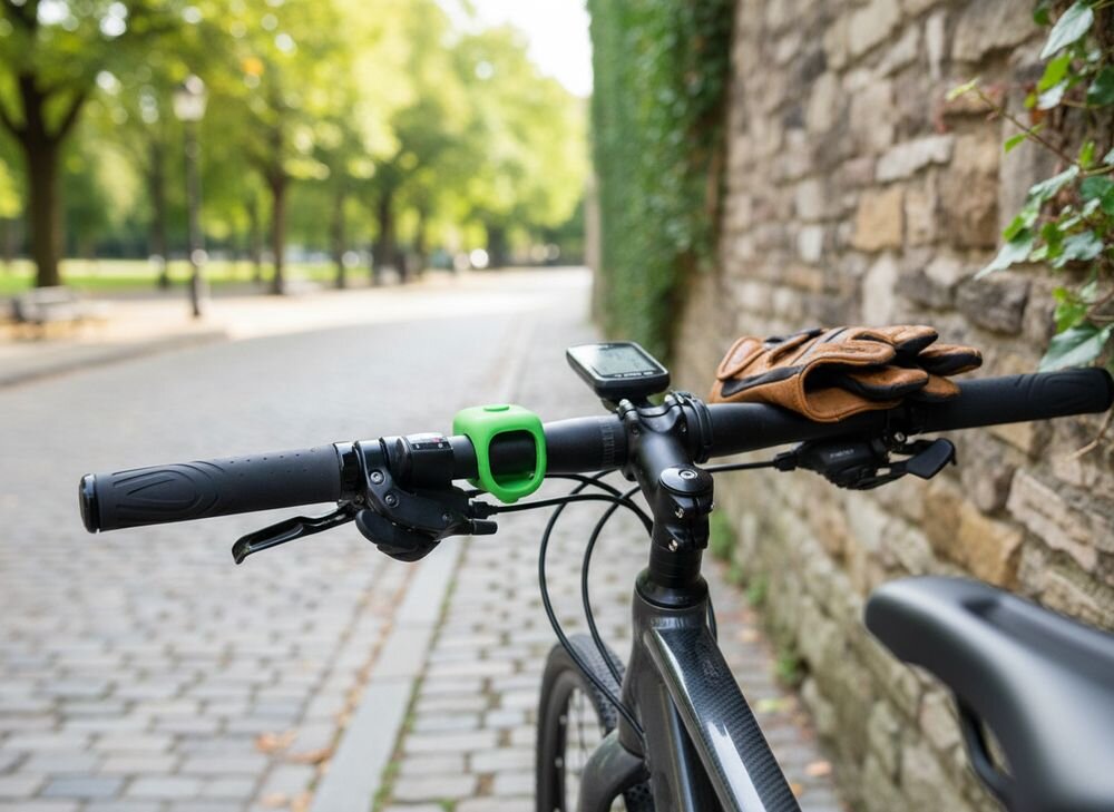 Dzwonek rowerowy ROCKBROS CB1709GN Zielony, Dzwonek, rower, bezpieczeństwo, sygnał, Widok z perspektywy rowerzysty na ścieżkę w parku.