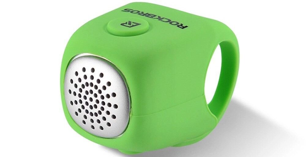 Dzwonek rowerowy ROCKBROS CB1709GN Zielony, 90 dB, tryby, dźwięk, widoczność, Niebieski dzwonek elektroniczny na białym tle.