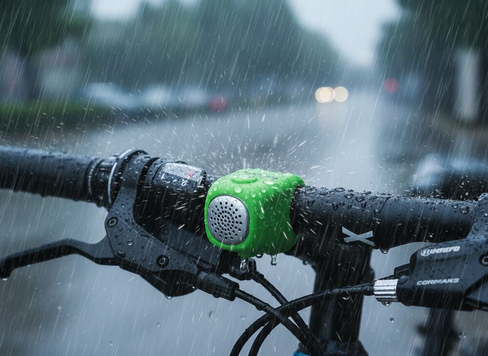 Dzwonek rowerowy ROCKBROS CB1709GN Zielony, Odporność, pogoda, trwałość, materiał, Dzwonek na kierownicy roweru podczas opadów deszczu.