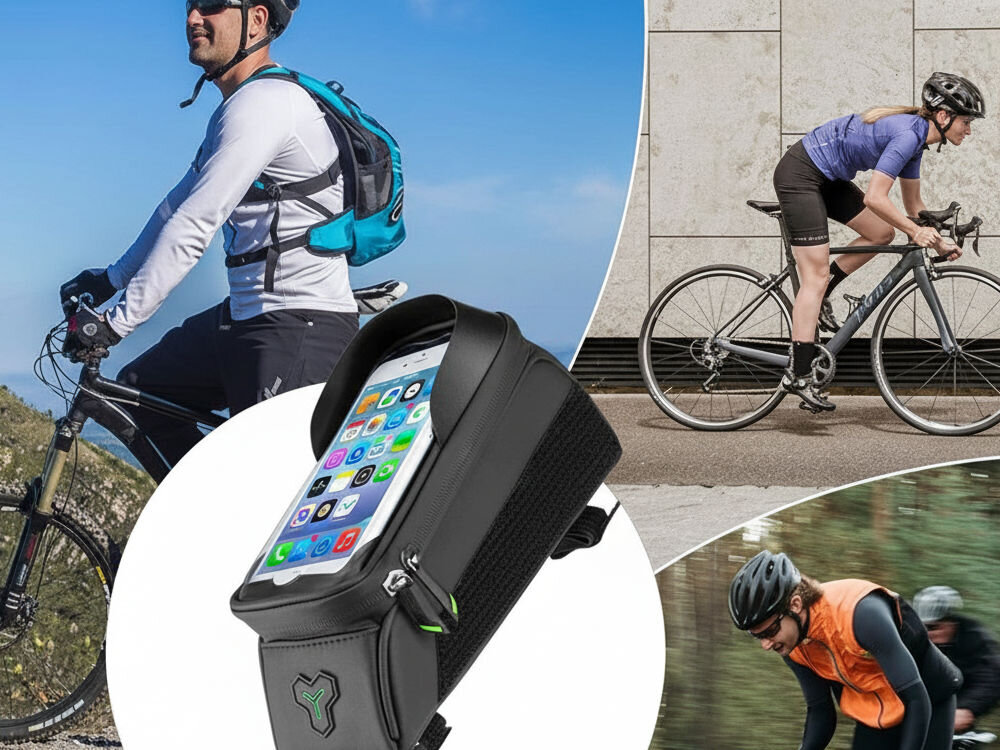 Torba rowerowa na ramę ROCKBROS 029-1BK, rower, sakwa, akcesoria, transport, Rowerzyści podczas jazdy oraz torba na telefon.
