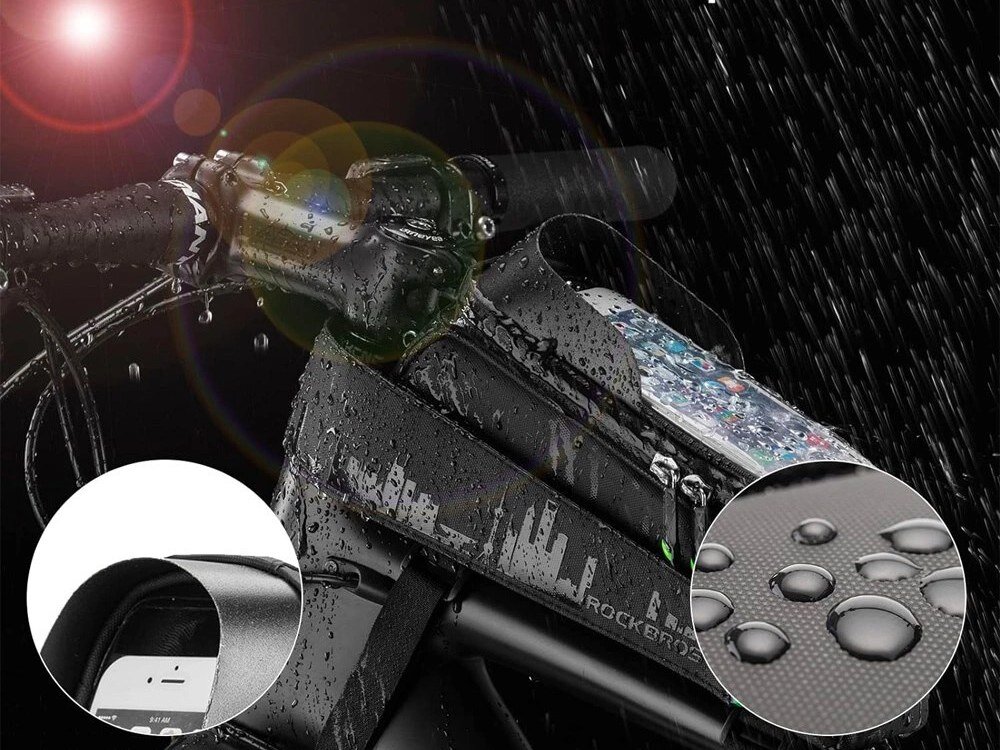 Torba rowerowa na ramę ROCKBROS 029-1BK, deszcz, wodoodporność, ochrona, telefon, Wodoodporna torba na telefon podczas jazdy w deszczu.