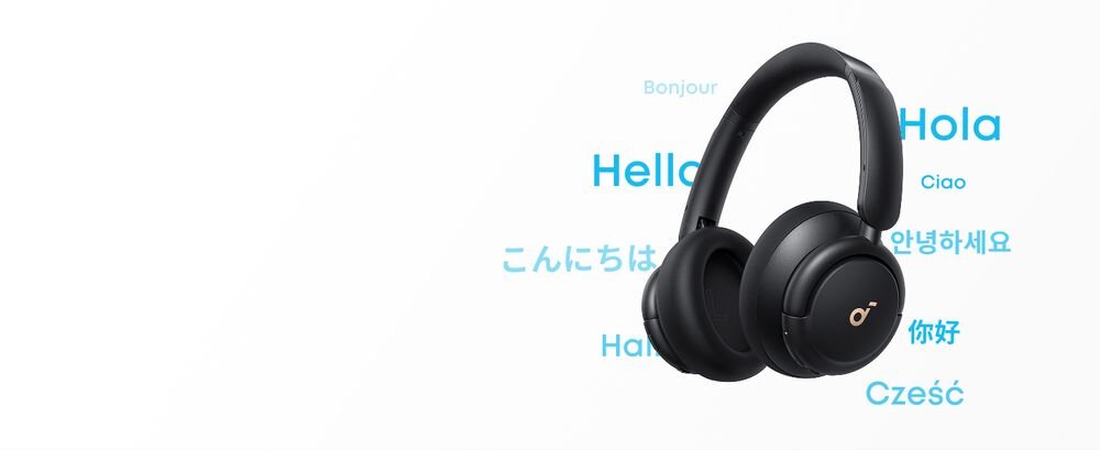 SOUNDCORE Life Q30 ANC AI tłumacz na żywo ponad 100 języków aplikacja Soundcore napisy w czasie rzeczywistym, słuchawki na jasnym tle